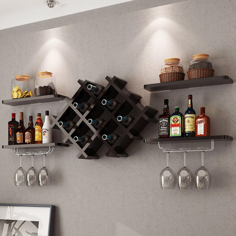 Wine Rack Wall Mounted Set of 5, Wood Wall Wine Shelf Racks with Glass Holder and Stemware Hanger, Wooden Hanging Wine Rack, Wine Storage Display Shelf for Home Bar Kitchen Dining Room, Black - Puck's