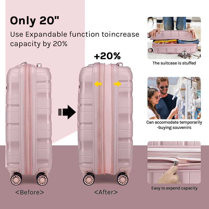 5 Piece Luggage Set PP Hardside Spinner Luggage - (Expandable Carry-On Suitcase20")(24" 28")-Rose Gold - Puck's