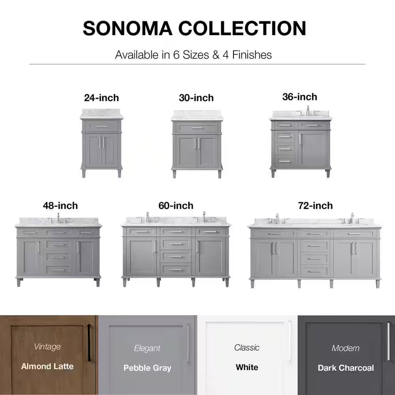 Sonoma 60 In. Dubbele Gootsteen Kiezel Grijs Bad Wastafel met Carrara Marmeren Bovenblad (Gemonteerd) - Puck's