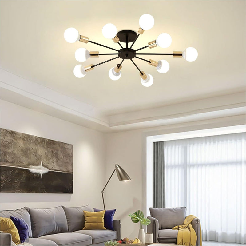 Lighting Mid Century Modern Black Gold Industrial Vintage Semi Flush Mount Close to Ceiling Light Farmhouse 10-Light Sputnik Chandelier Ceiling Lamp - Puck's