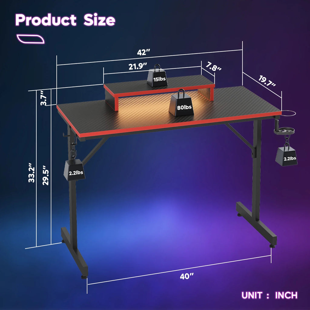 42" Gaming Desk PC Computer Office Gamer Table Desk with LED Lights & Monitor Stand in Red - Puck's