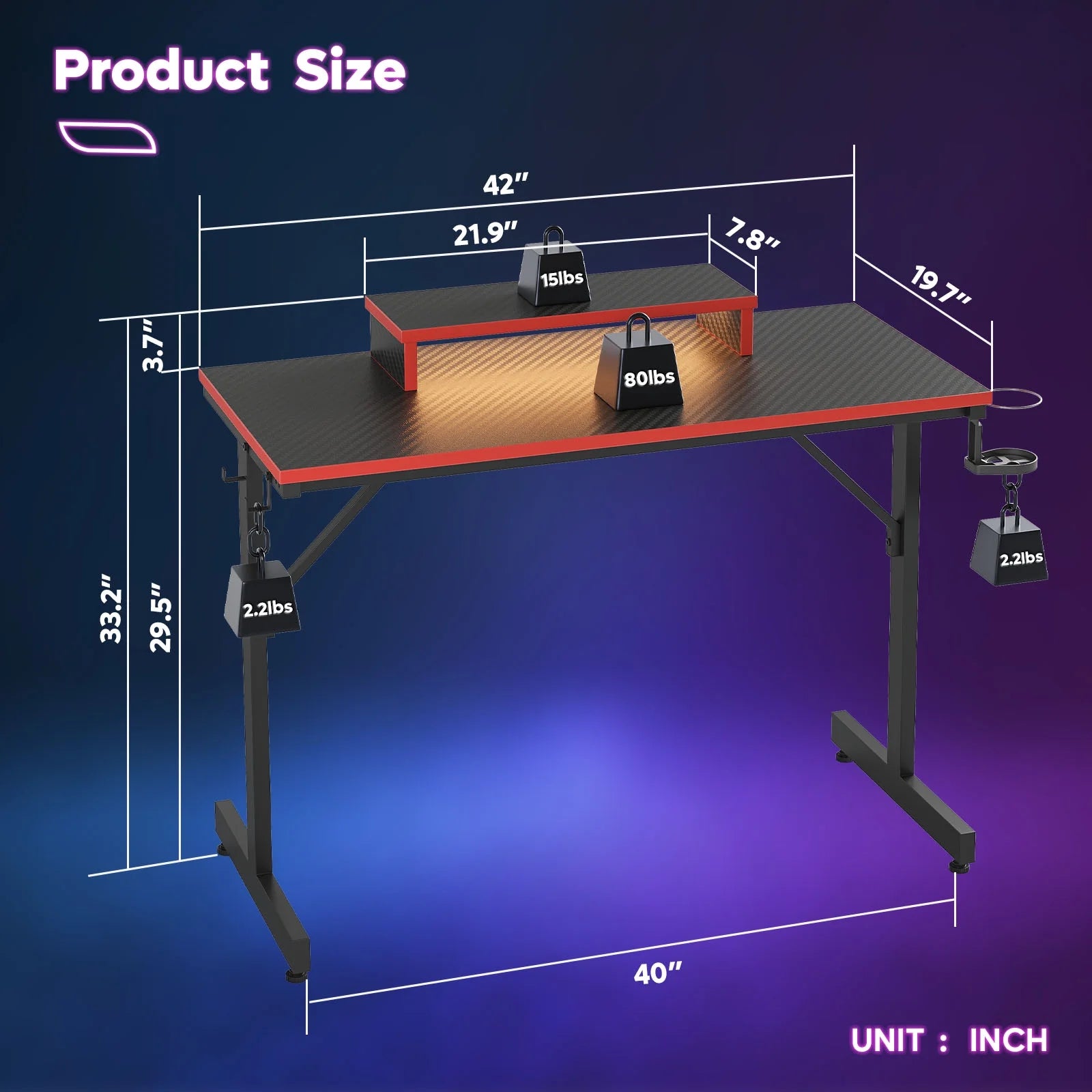 42" Gaming Desk PC Computer Office Gamer Table Desk with LED Lights & Monitor Stand in Red - Puck's