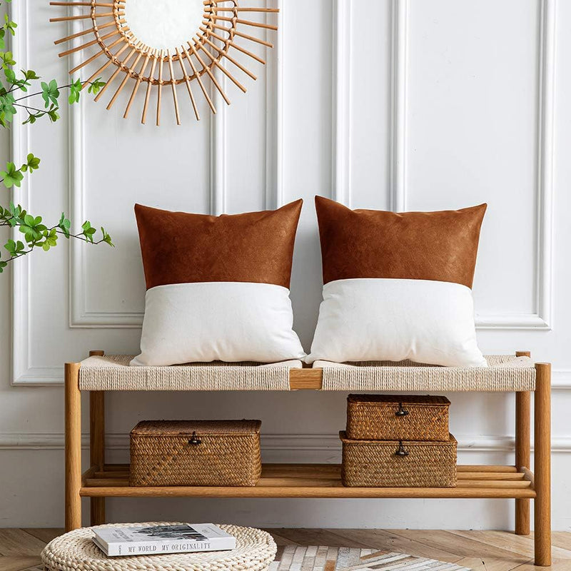 Leather Throw Pillow Covers, Set of 2 Modern Leather/Cotton Decorative Pillowcases for Home Decor Bedroom Living Room Couch Bed Sofa, 18X18 Inch, Cognac-Brown and White - Puck's