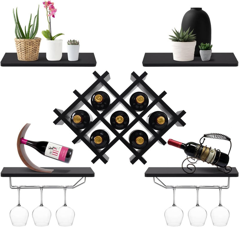 Wine Rack Wall Mounted Set of 5, Wood Wall Wine Shelf Racks with Glass Holder and Stemware Hanger, Wooden Hanging Wine Rack, Wine Storage Display Shelf for Home Bar Kitchen Dining Room, Black - Puck's