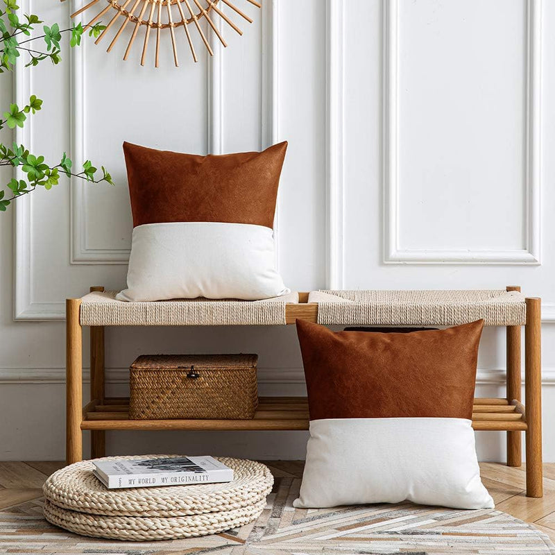 Leather Throw Pillow Covers, Set of 2 Modern Leather/Cotton Decorative Pillowcases for Home Decor Bedroom Living Room Couch Bed Sofa, 18X18 Inch, Cognac-Brown and White - Puck's