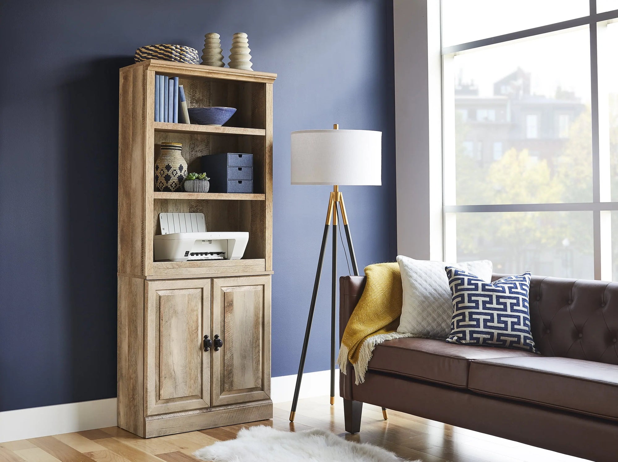 71" Crossmill 5 Shelf Bookcase with Doors, Weathered Wood Finish - Puck's