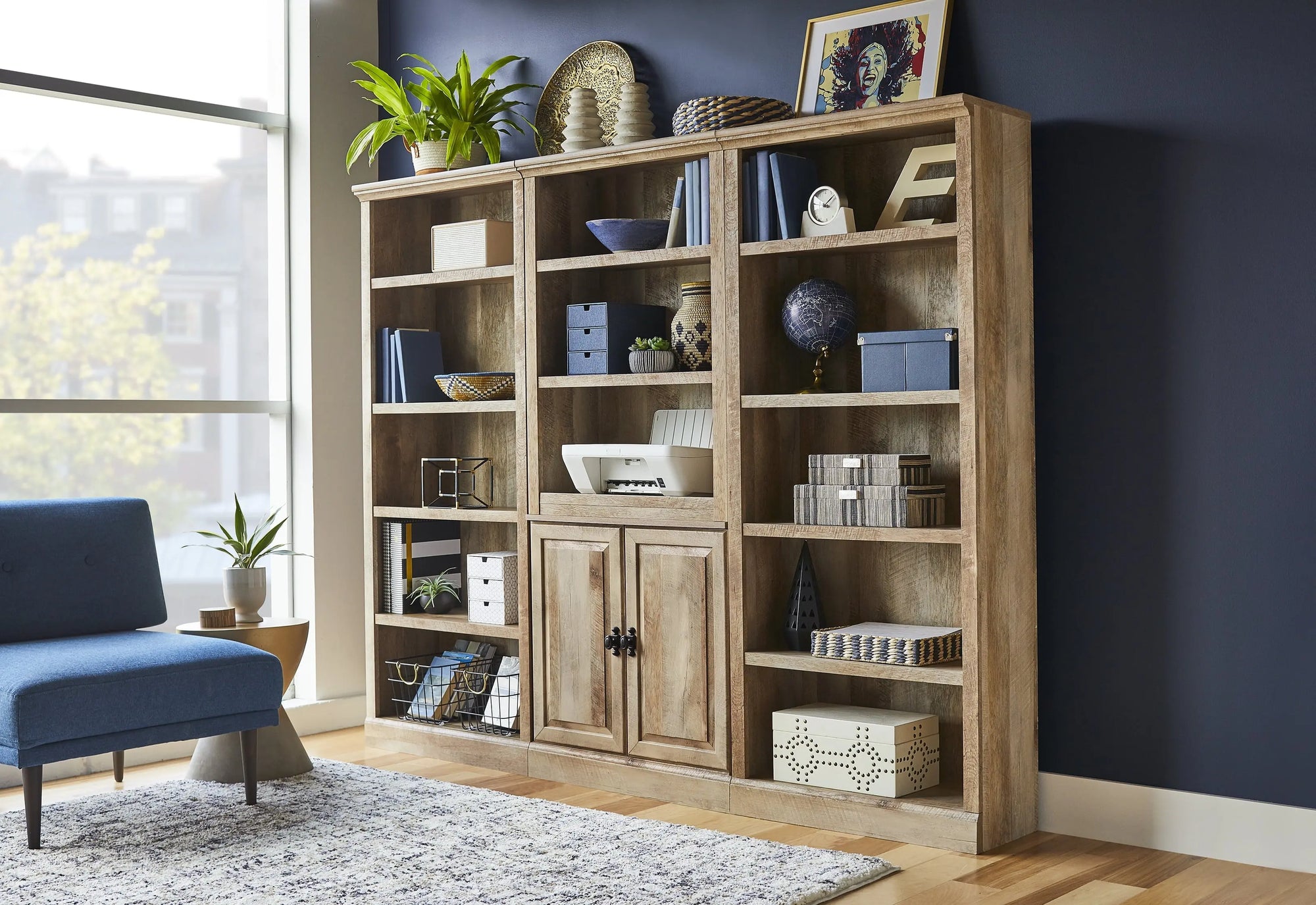 71" Crossmill 5 Shelf Bookcase with Doors, Weathered Wood Finish - Puck's