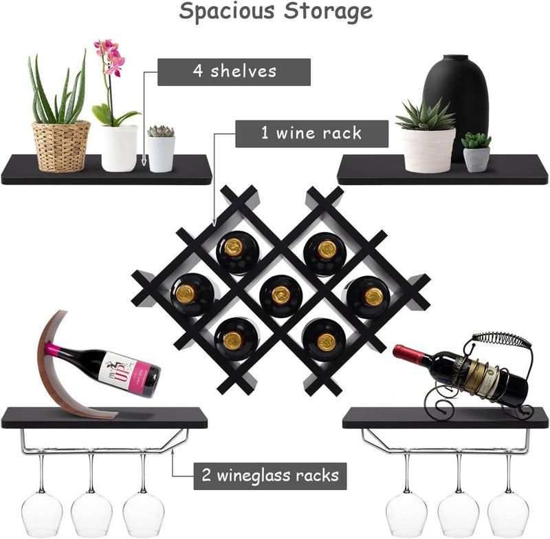 Wine Rack Wall Mounted Set of 5, Wood Wall Wine Shelf Racks with Glass Holder and Stemware Hanger, Wooden Hanging Wine Rack, Wine Storage Display Shelf for Home Bar Kitchen Dining Room, Black - Puck's