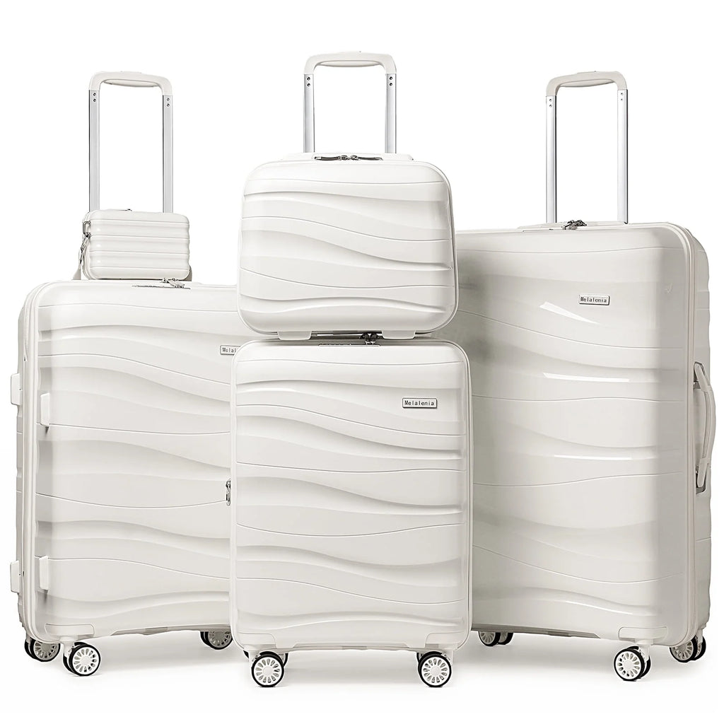 5 Piece Luggage Set PP Hardside Spinner Luggage - (Expandable Carry-On Suitcase20")( 24" 28")-White - Puck's