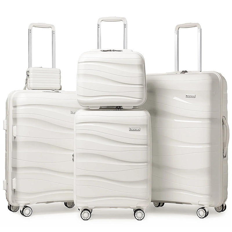 5 Piece Luggage Set PP Hardside Spinner Luggage - (Expandable Carry-On Suitcase20")( 24" 28")-White - Puck's