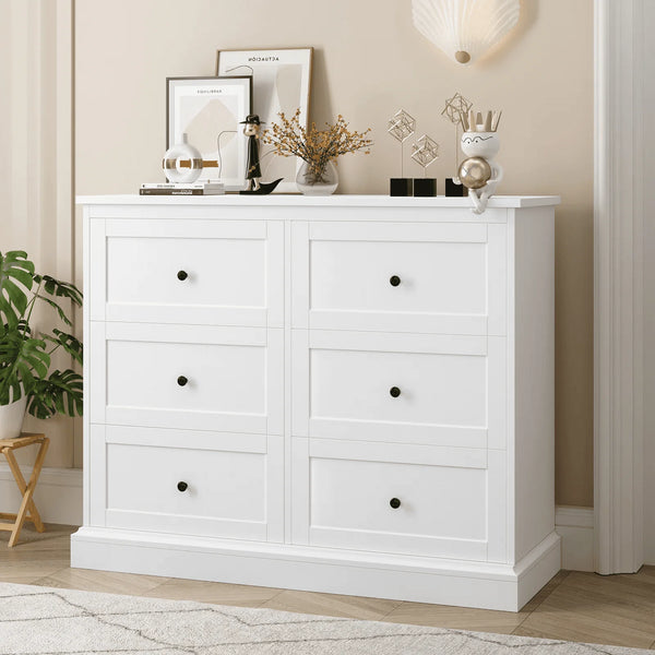 White Dresser with 6 Drawer , 42.5" Wide Double Dresser for Bedroom, Wooden Dresser Chest of Drawers - Puck's