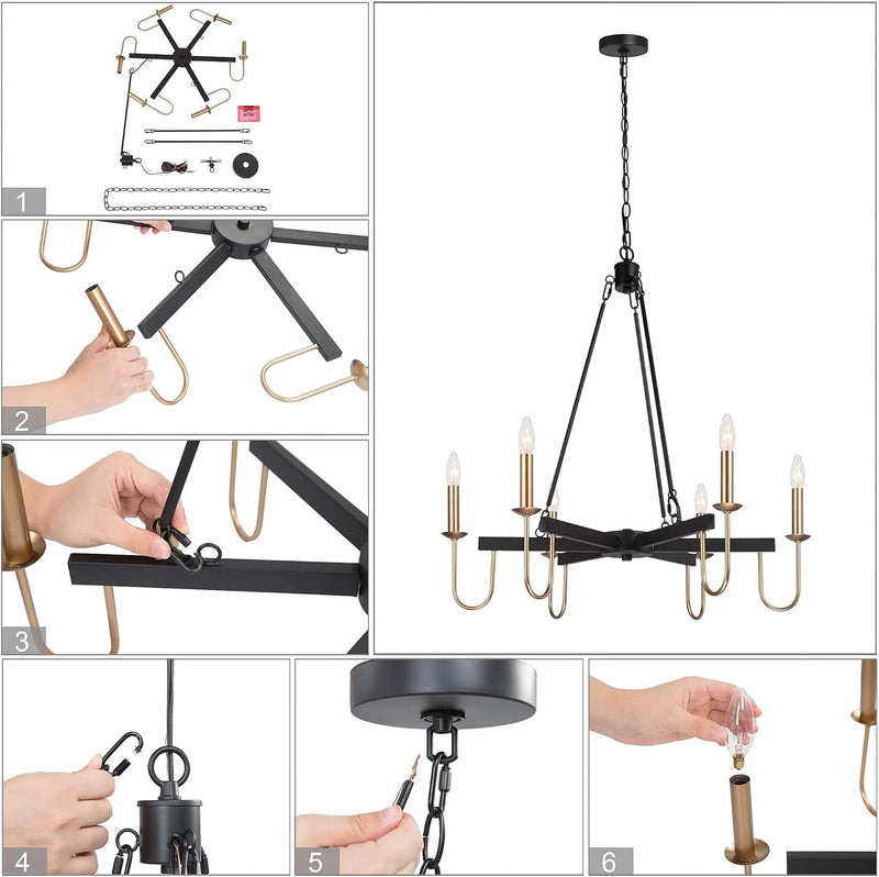 Modern Chandelier, 28" Large Dining Room Chandelier Light Fixture, 6-Light Black and Gold Chandelier, Wagon Wheel Ceiling Lighting Fixture for Living Room, Bedroom, Kitchen - Puck's