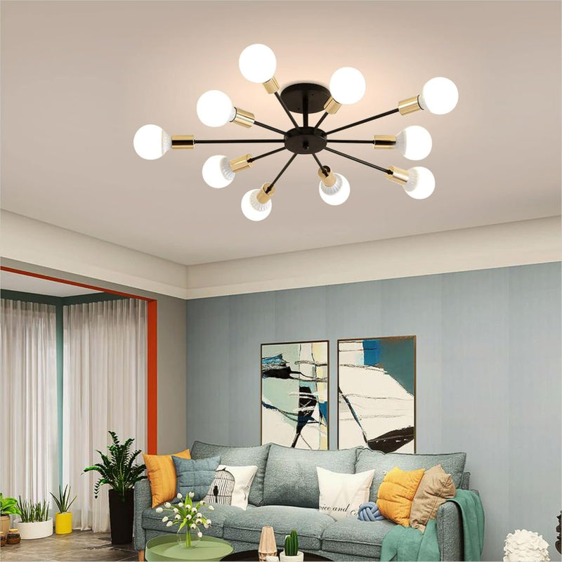 Lighting Mid Century Modern Black Gold Industrial Vintage Semi Flush Mount Close to Ceiling Light Farmhouse 10-Light Sputnik Chandelier Ceiling Lamp - Puck's