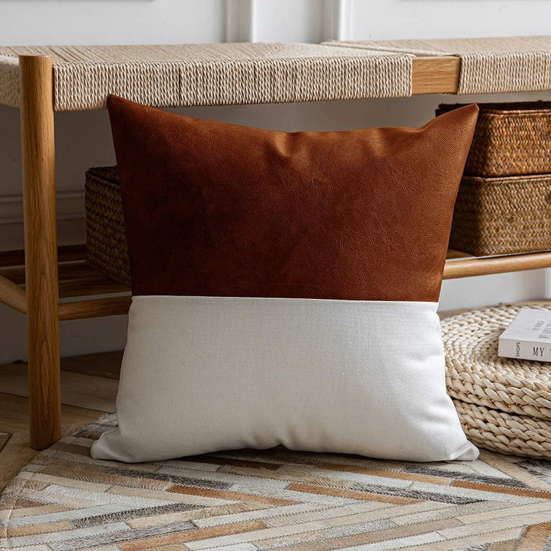 Leather Throw Pillow Covers, Set of 2 Modern Leather/Cotton Decorative Pillowcases for Home Decor Bedroom Living Room Couch Bed Sofa, 18X18 Inch, Cognac-Brown and White - Puck's
