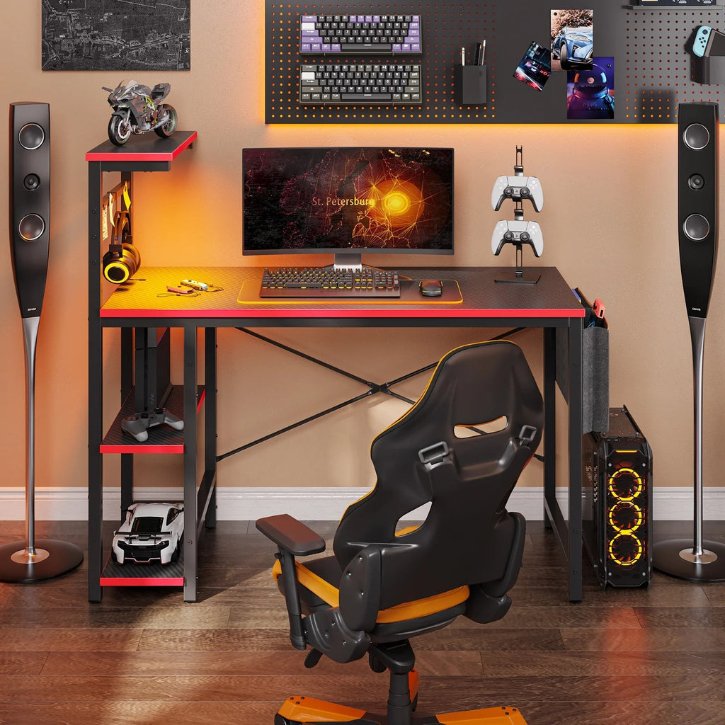 Computer Gaming PC Desk 44 Inch Gamer Table with LED Lights, Reversible 4 Tier Storage Shelves Carbon Fiber - Puck's
