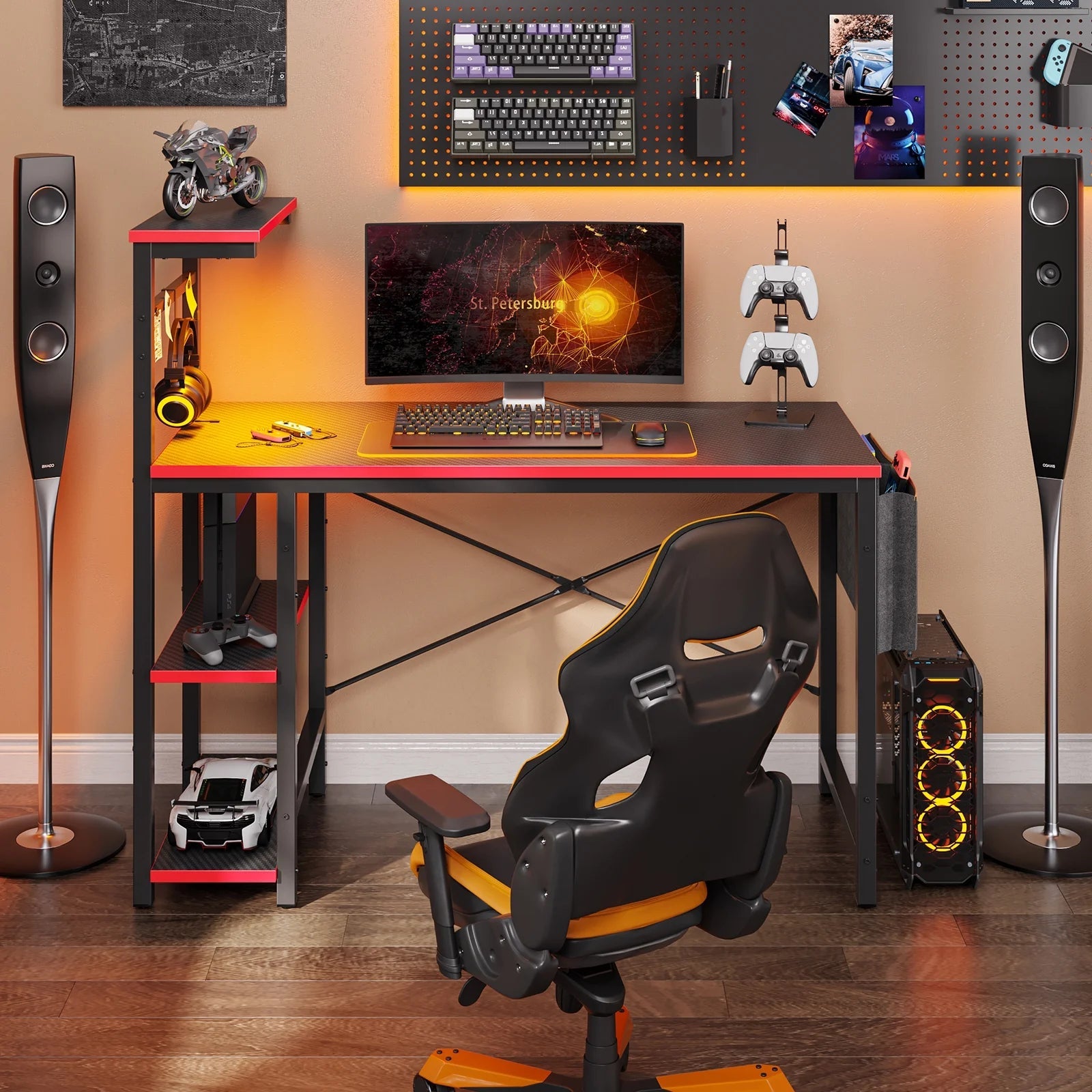 Computer Gaming PC Desk 44 Inch Gamer Table with LED Lights, Reversible 4 Tier Storage Shelves Carbon Fiber - Puck's