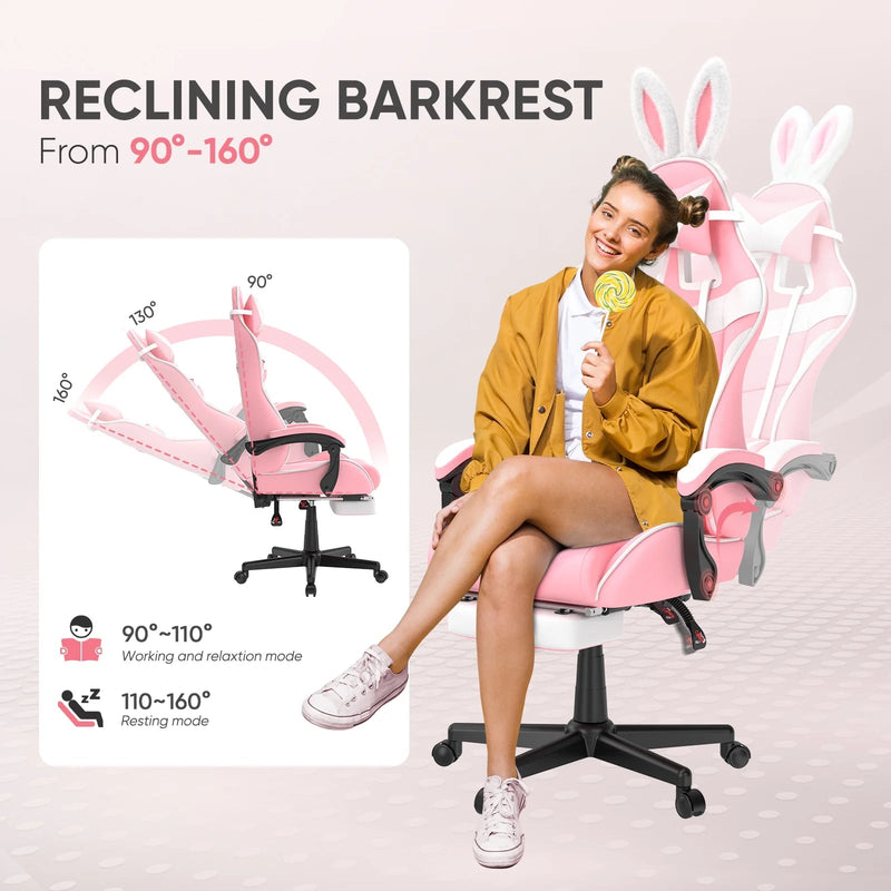Pink Gaming Chair, Adult Game Gamer with Footrest & Massage Lumbar Pillow for Kid, Ergonomic High Back Office Chairs with Bunny Ear, Pink - Puck's