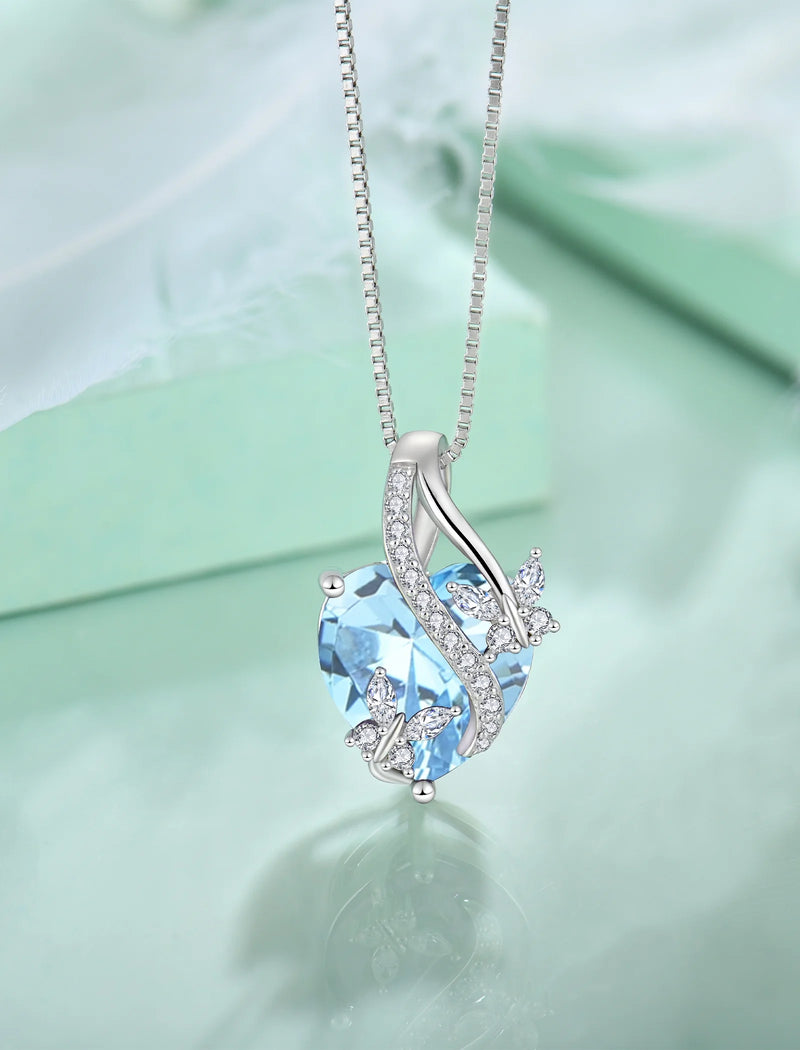 Infinite Heart Pendant Sterling Silver Butterfly Necklace for Women Jewelry Gift with Birthstone March Created Aquamarine - Puck's