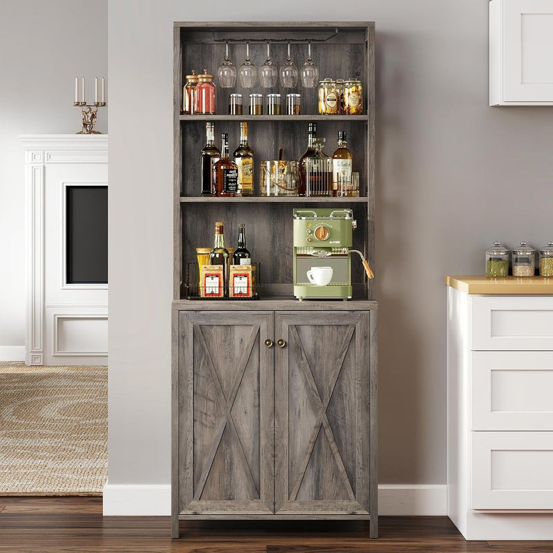 67" Tall Wine Bar Cabinet for Liquor and Glasses, Farmhouse Kitchen - Puck's