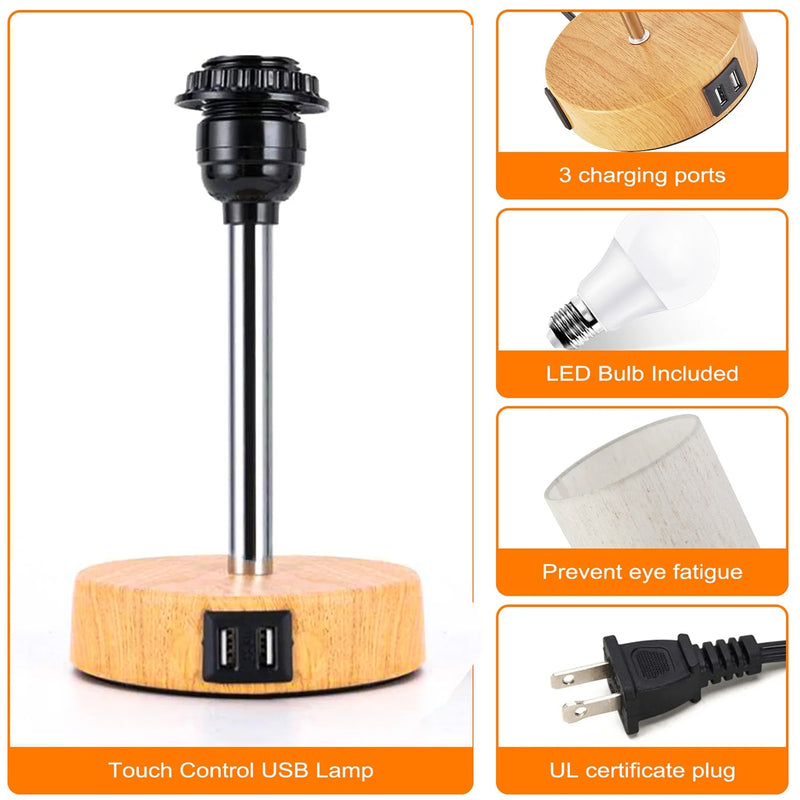 Bedside Lamp, Touch Control Table Lamp with USB A+C Charging Ports & AC Outlet 3-Way Dimmable Nightstand Lamp with Linen Fabric Shade for Bedroom Living Room with Light Bulb