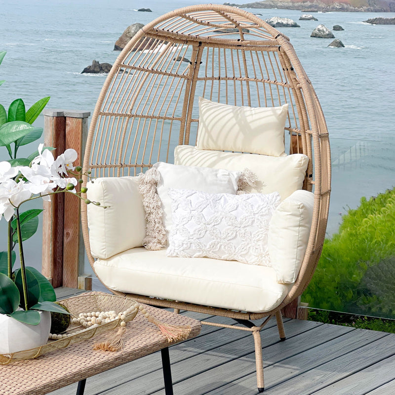 Wicker Egg Chair Outdoor Indoor Oversized Lounger with Stand and Cushions Egg Basket Chair for Patio Backyard Porch - Beige - Puck's