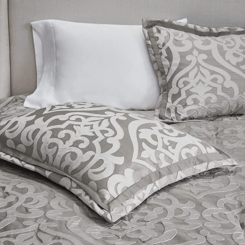 Tesla Cozy Comforter Set Jacquard Damask Medallion Design - All Season down Alternative Bedding, Shams, Bedskirt, Decorative Pillows, Queen, Silver 6 Piece - Puck's