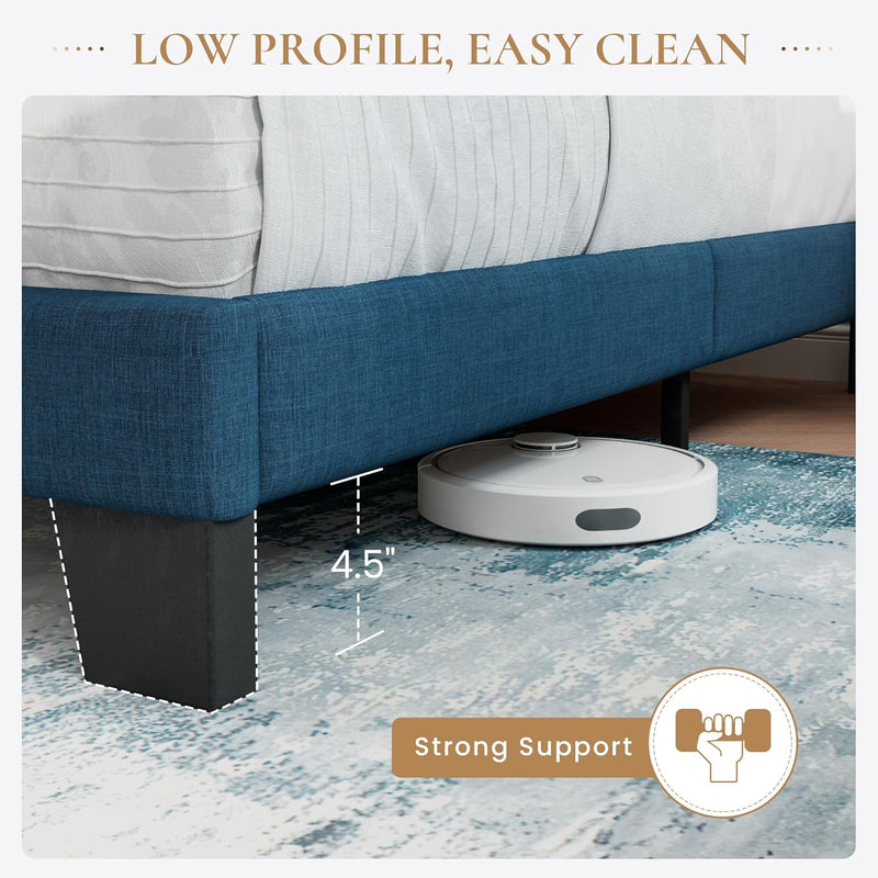 Full Platform Bed Frame with Upholstered Fabric Headboard, Mattress Foundation with Strong Wooden Slats Support, No Box Spring Needed, Blue - Puck's