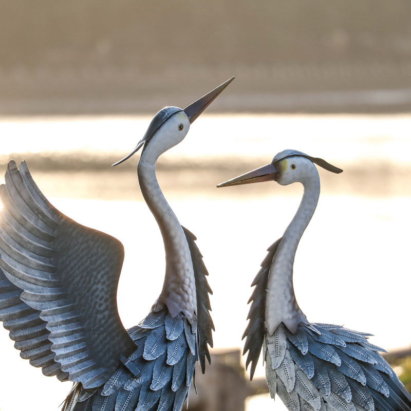 2Pcs 40.75''H, 37.20''H Blue Metal Heron Decor Garden Sculptures Statues, Large Crane Bird Yard Art for Outdoor Porch Party Decorations - Puck's
