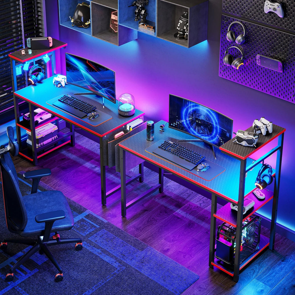 Computer Gaming PC Desk 44 Inch Gamer Table with LED Lights, Reversible 4 Tier Storage Shelves Carbon Fiber - Puck's