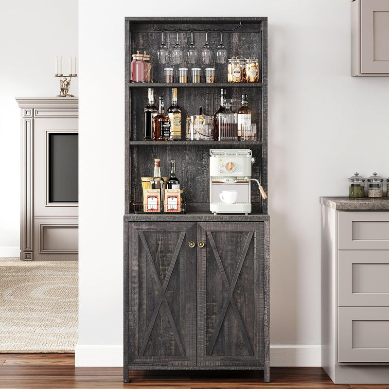 67" Tall Wine Bar Cabinet for Liquor and Glasses, Farmhouse Kitchen - Puck's
