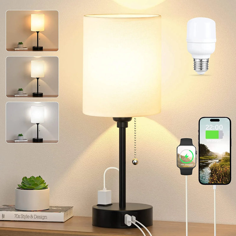 Table Lamp with USB Ports, AC Outlet, 3 Color Temperatures, 14.6 Inch Bedroom Lamp