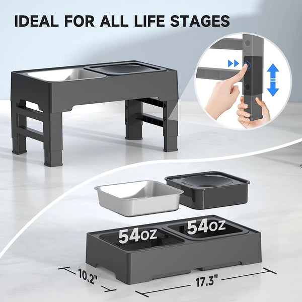 2-In-1 Elevated Dog Bowls 4 Height Adjustable Raised Dog Bowls No Spill Dog Water Bowl & Stainless Steel Dog Food Bowl Stand - Puck's