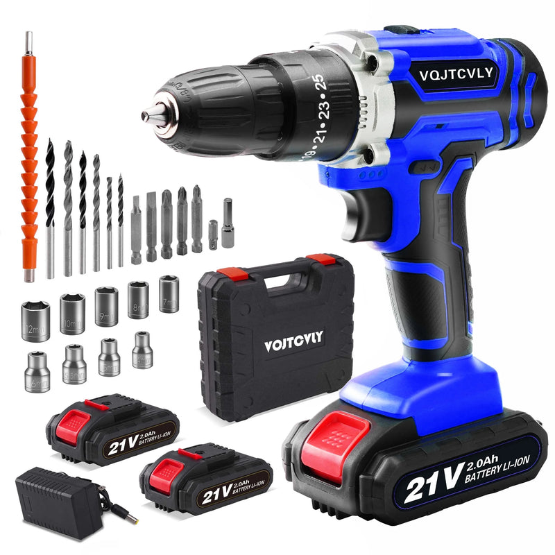 Cordless Drill, 21V Power Drill Set, 25+1 Position Adjustable Torque Electric Drill, 2-Speed Transmission for Screwdriving and Drilling, Blue - Puck's