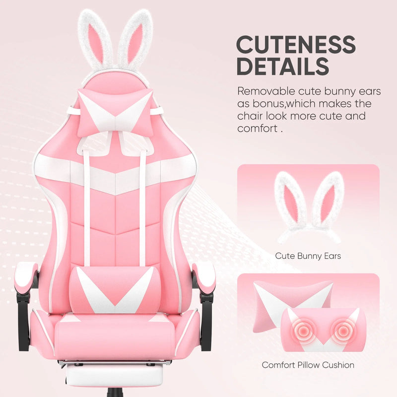 Pink Gaming Chair, Adult Game Gamer with Footrest & Massage Lumbar Pillow for Kid, Ergonomic High Back Office Chairs with Bunny Ear, Pink - Puck's