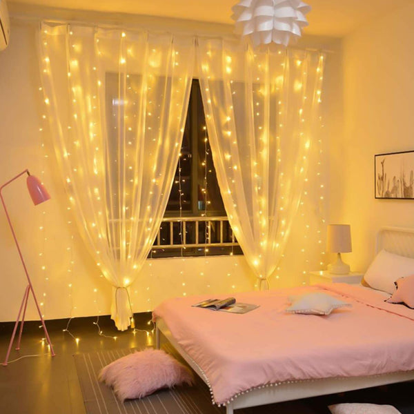 300 LED Curtain String Lights, 9.8 FT Hanging Fairy Lights with Remote, 8 Modes, Connectable Waterproof Window Lights for Bedroom Backdrop Wedding Outdoor Christmas Party, Warm White - Puck's