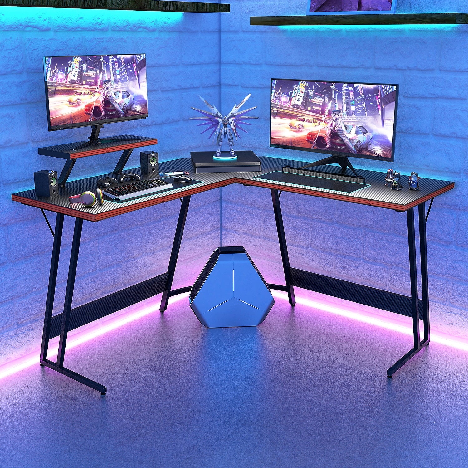 Gaming Desk L-Shaped Carbon Fiber Surface Gaming Corner Desk Table, Black - Puck's