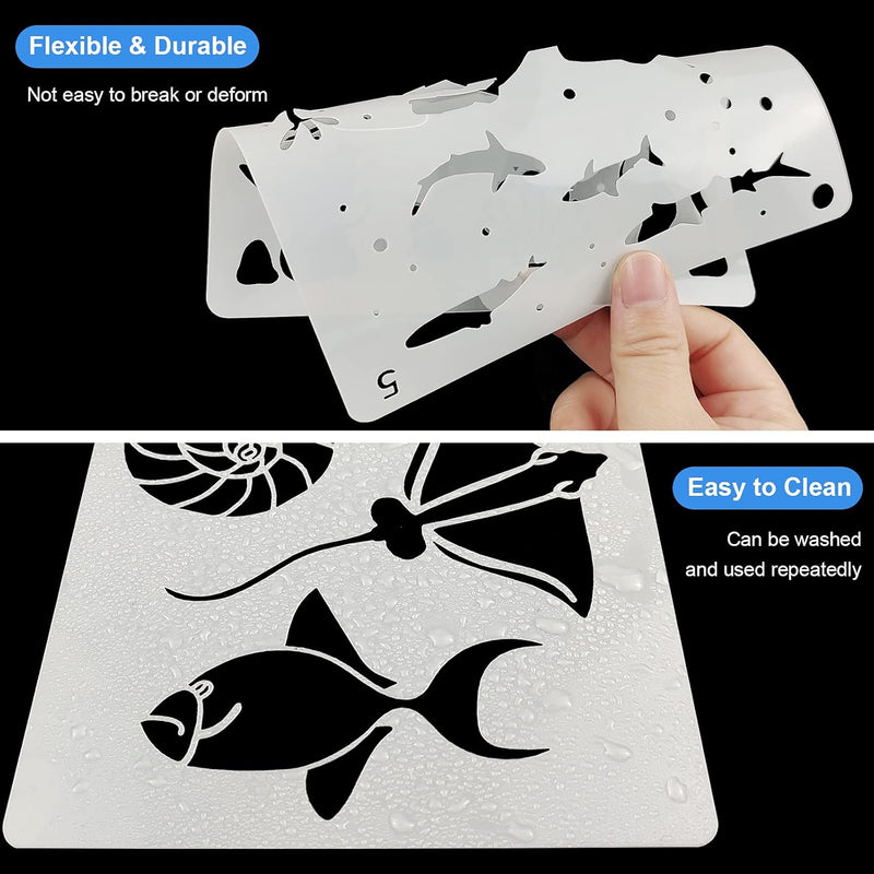 16 Pack (6X6Inch) Reusable Ocean Creatures Stencil Sea Animal Painting Stencils Laser Cut Painting Template for Floor Wall Tile Fabric Furniture Stencils Painting - Puck's