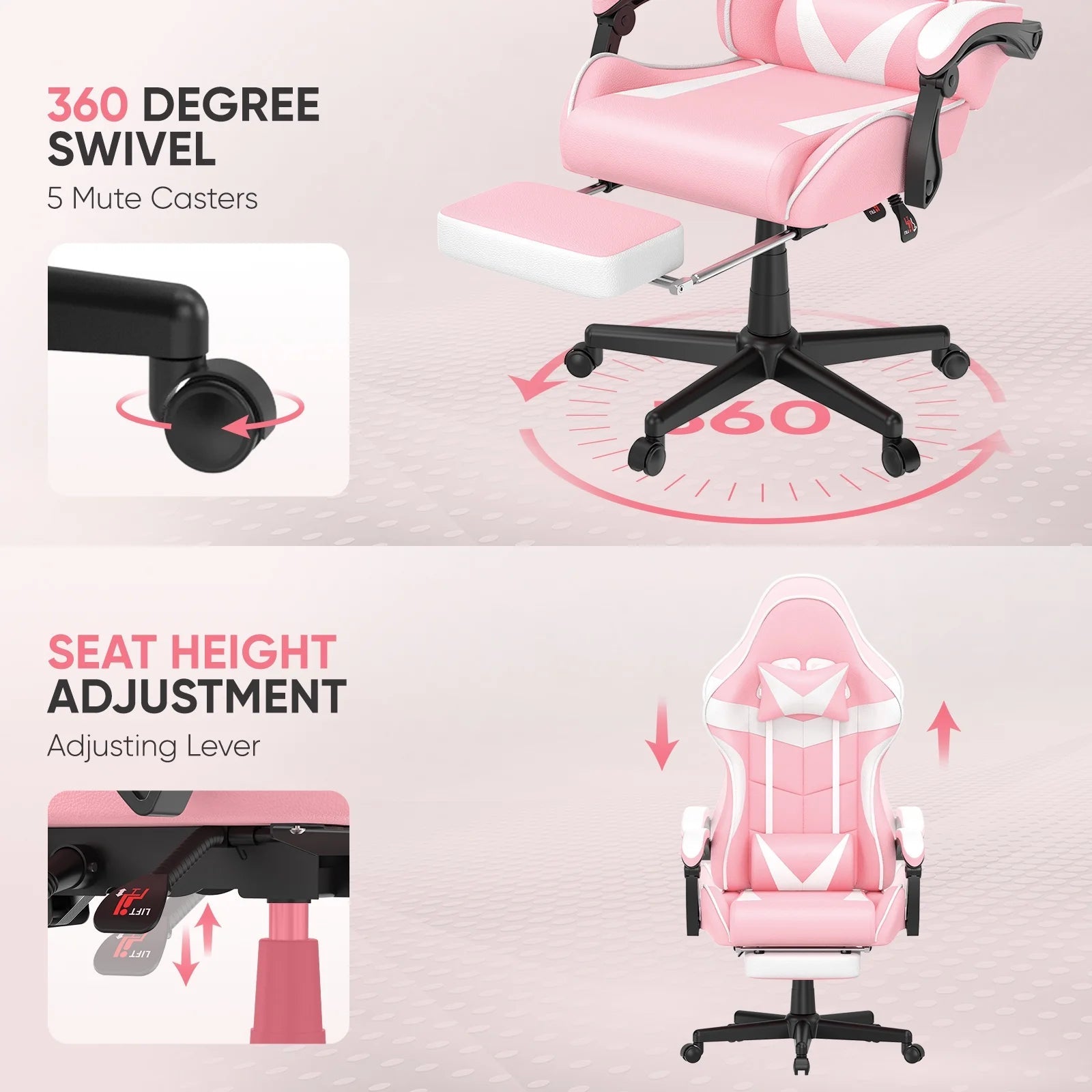 Pink Gaming Chair, Adult Game Gamer with Footrest & Massage Lumbar Pillow for Kid, Ergonomic High Back Office Chairs with Bunny Ear, Pink - Puck's