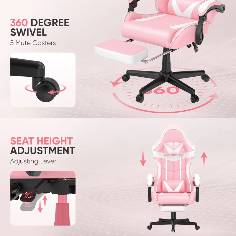Pink Gaming Chair, Adult Game Gamer with Footrest & Massage Lumbar Pillow for Kid, Ergonomic High Back Office Chairs with Bunny Ear, Pink - Puck's