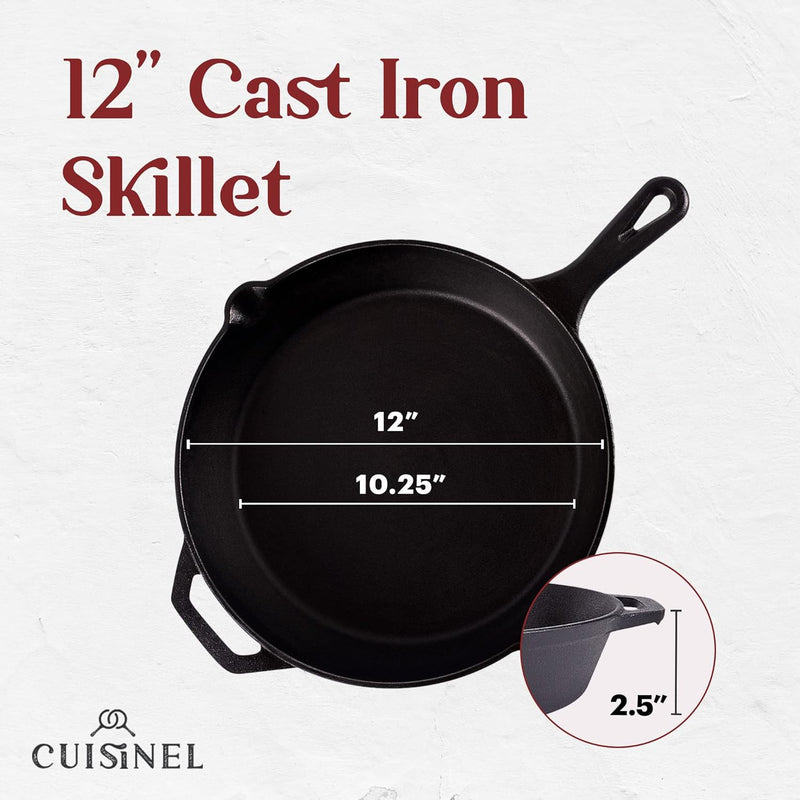 Cast Iron Skillet - 12"-Inch Frying Pan with Assist Handle + Red Silicone Grip Cover - Pre-Seasoned Oven Safe Cookware - Indoor/Outdoor Use - Grill, Stovetop, Induction, BBQ and Firepit Safe - Puck's