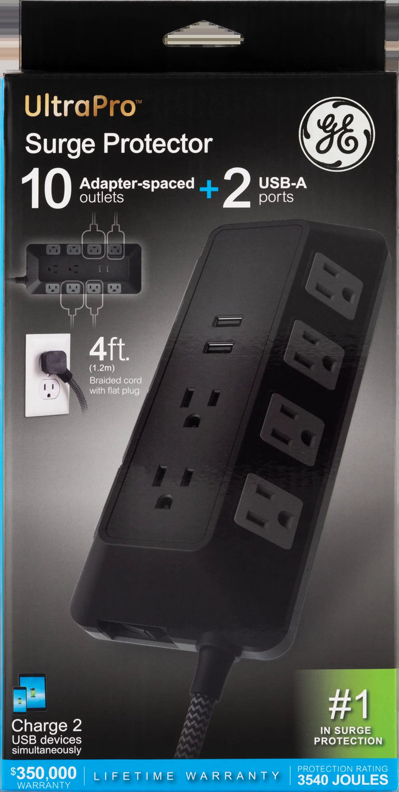 Adapt 10-Outlet Sur Protector Power Strip, USB Hub, 4Ft Braided Cord, Black