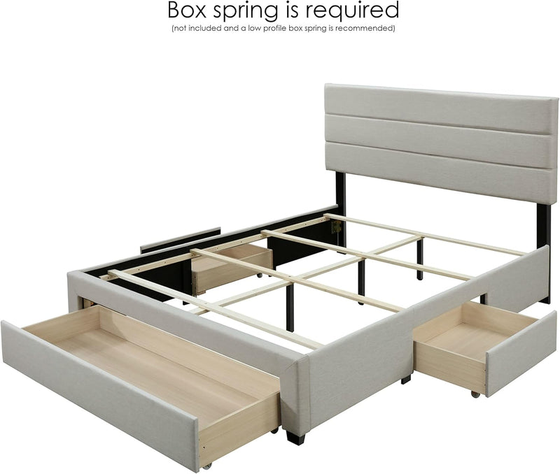 Flynn Bed Frame - Beige Fabric Upholstered Panel Bed Frame with Storage Drawers – Wood Queen Bed Frame with Headboard - Modern Tufted Horizontal Channel Headboard for Queen Bed - Puck's
