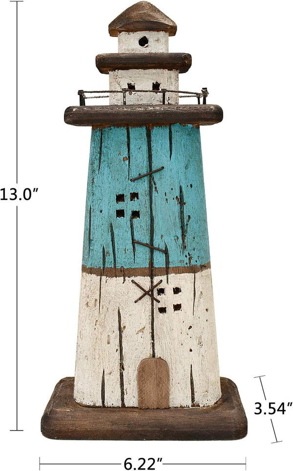 Wood Lighthouse Decor Nautical Light House Beach Coastal Ocean Decorations Table Seaside Marine Themed Home Decor Lake House Bathroom Shelf Table Centerpiece 13 Inch (Bloue White) - Puck's