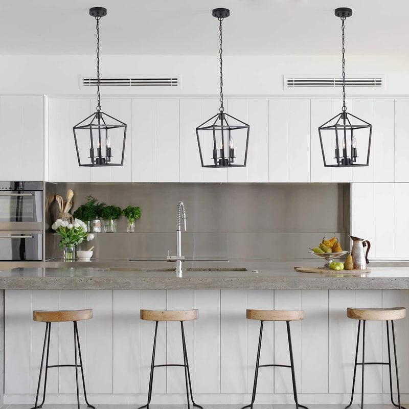 3-Light Industrial Pendant Light Metal Lantern Pendant Lighting Cage Chandelier Adjustable Farmhouse Chandelier for Kitchen Island Foyer Living Room Bar Restaurant,Matte Black - Puck's