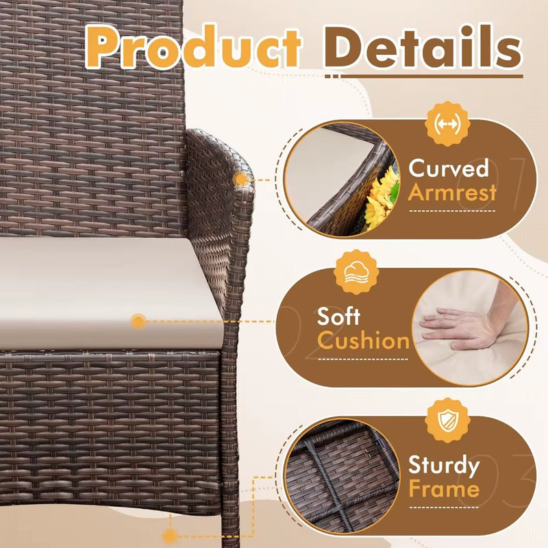 Patio Furniture Set 3 Pieces All-Weather Rattan Outdoor Furniture Patio Chairs with Tempered Glass Table for Porch Bistro - Puck's