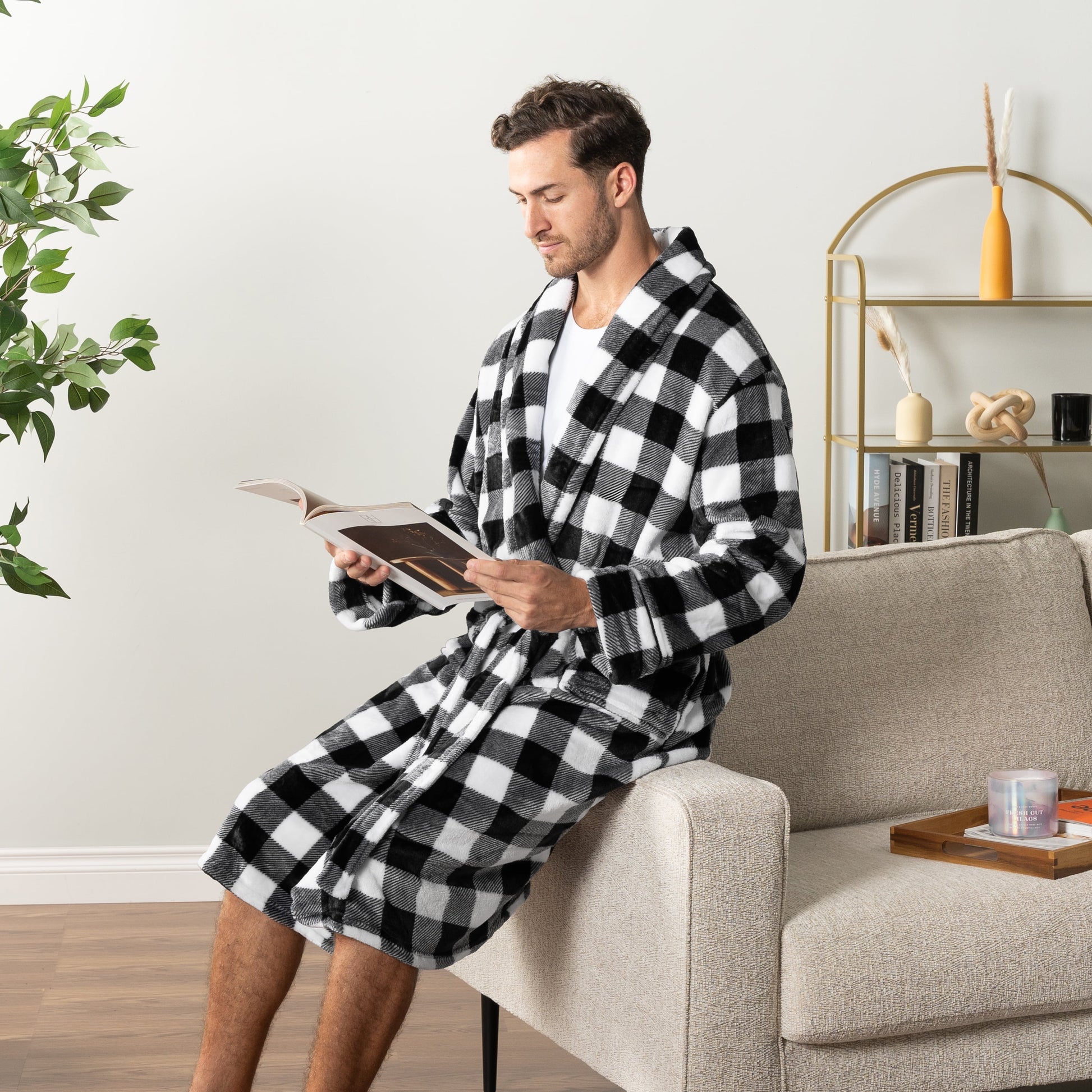 Mens Soft Robe, Plaid White | Warm Fleece Robes for Men, Soft Spa Bathrobe with Piping, Shawl Collar, and Pockets (Black and White Buffalo Plaid Checkered)