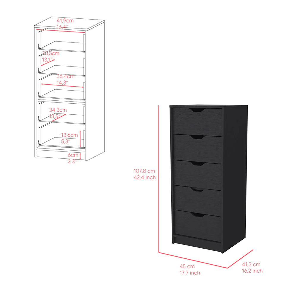 Dresser Kamran, Five Drawers Narrow, Black Wengue Finish - Puck's