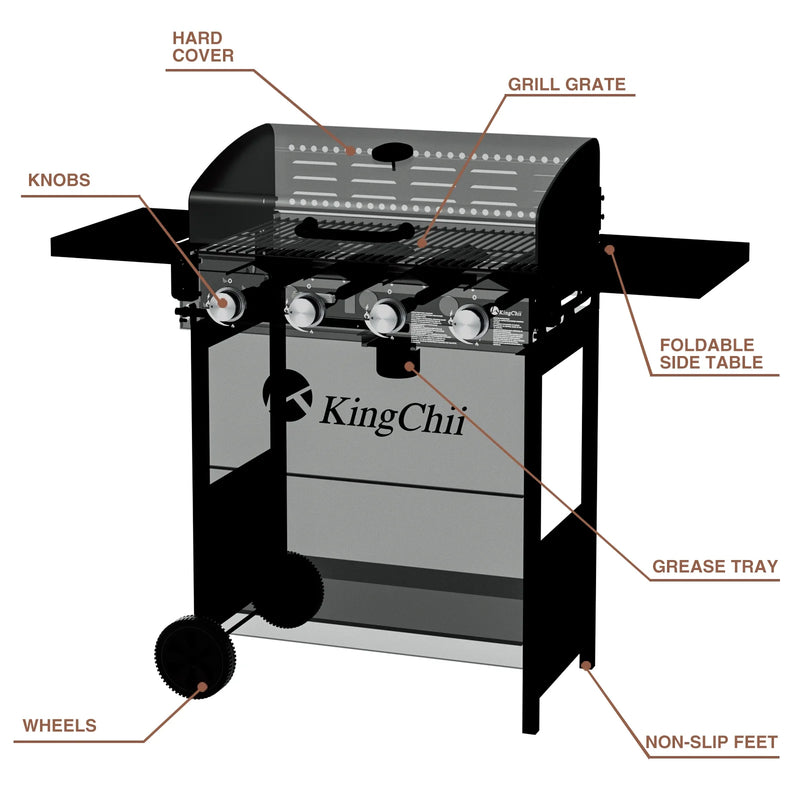 4-Burner Propane Grill, 38,000 Btus Gas Grill with Foldable Side Tables, Built-In Thermometer for Outdoor Grilling, Bbqs and Camping