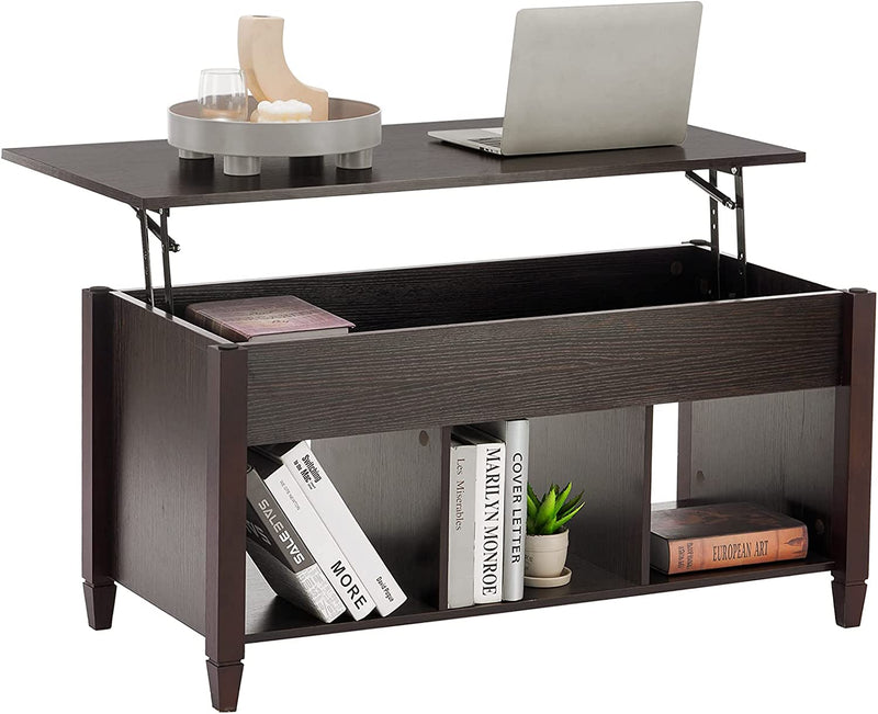 Lift Top Coffee Table, Coffee Table Converst to Dining Table Lift up Coffee Table Espresso Coffee Table Walnut Coffee Table, Coffee Table Lift Top with Hidden Compartment/3 Open Shelves - Puck's