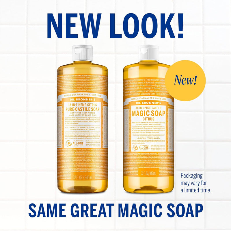 Magic Soap-Pure-Castile Liquid Soap (Citrus, 32 Ounce, 2-Pack)-Regenerative Organic Certified Oils, 18-In-1 Uses: Body, Hair, Laundry, Pets & Dishes, Concentrated, Vegan, Non-Gmo - Puck's